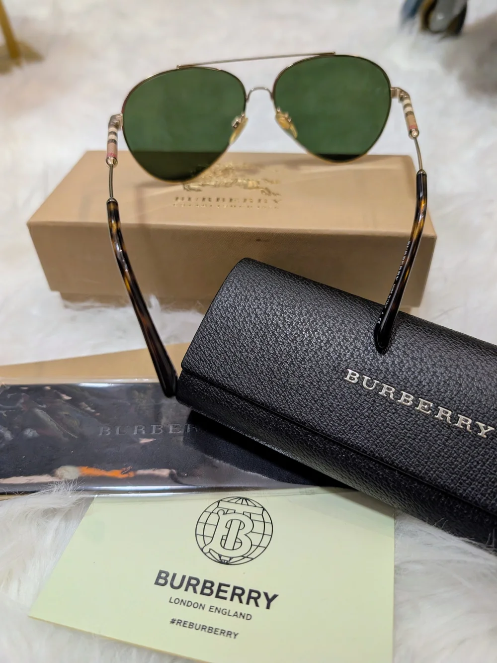 Burberry Gold Frame Black Lens Aviator Sunglasses with Black Case